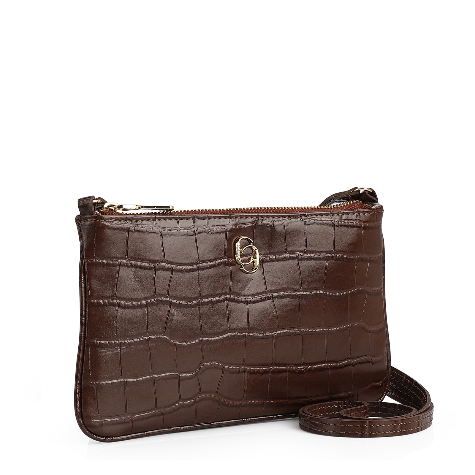 Bolsa Transversal Couro Croco Marrom