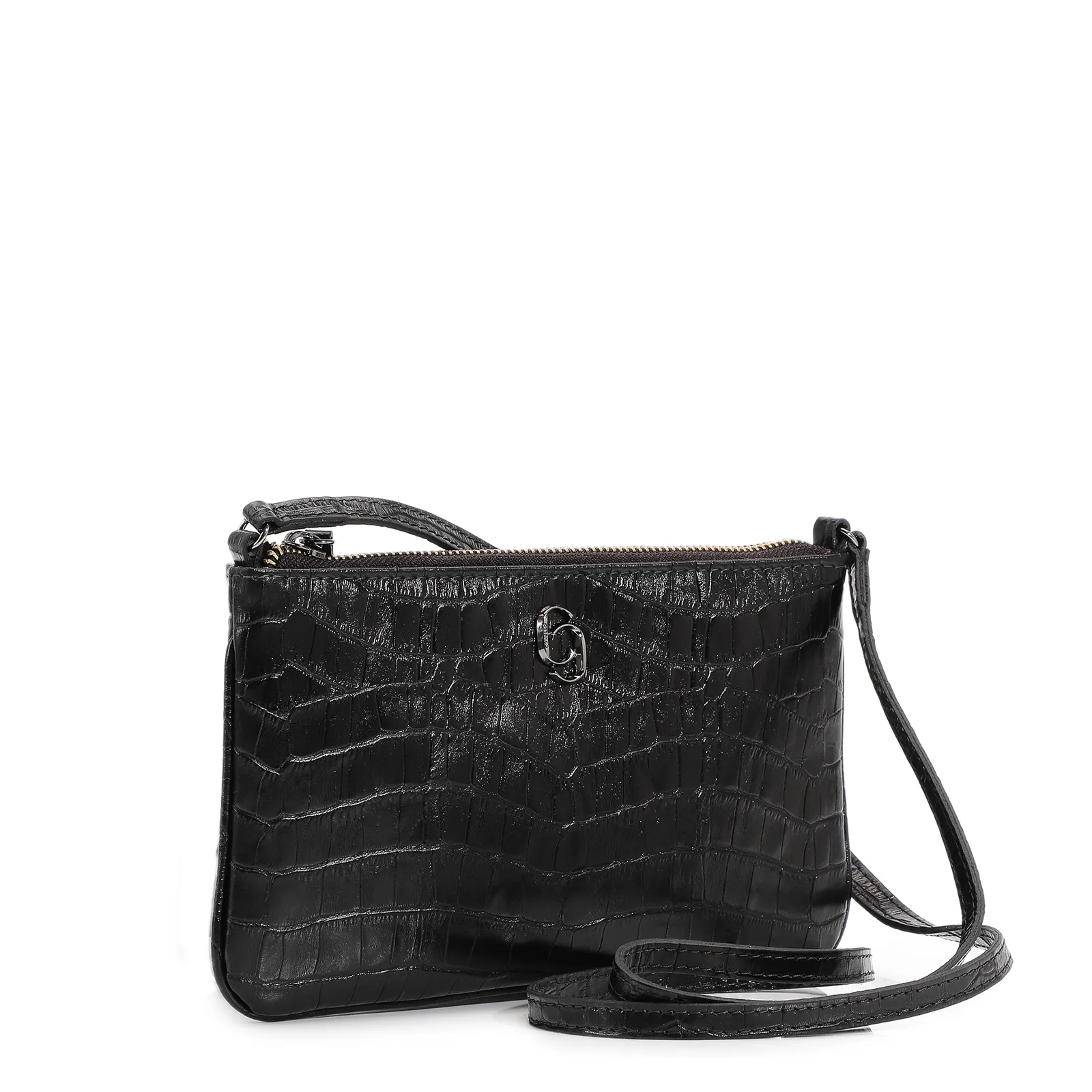 Bolsa Transversal Couro Croco Preto