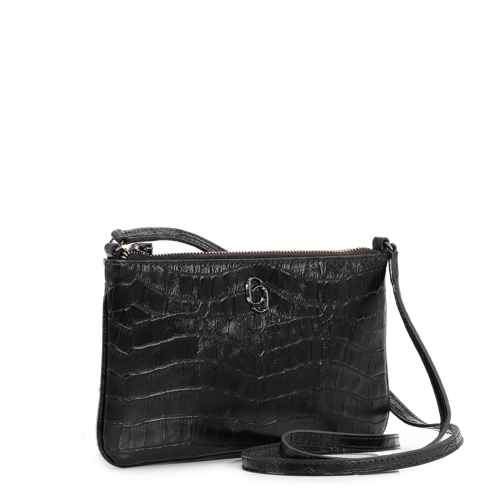 Bolsa Transversal Couro Croco Preto