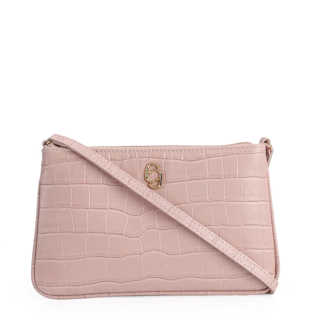 Bolsa Transversal Couro Croco Rosa