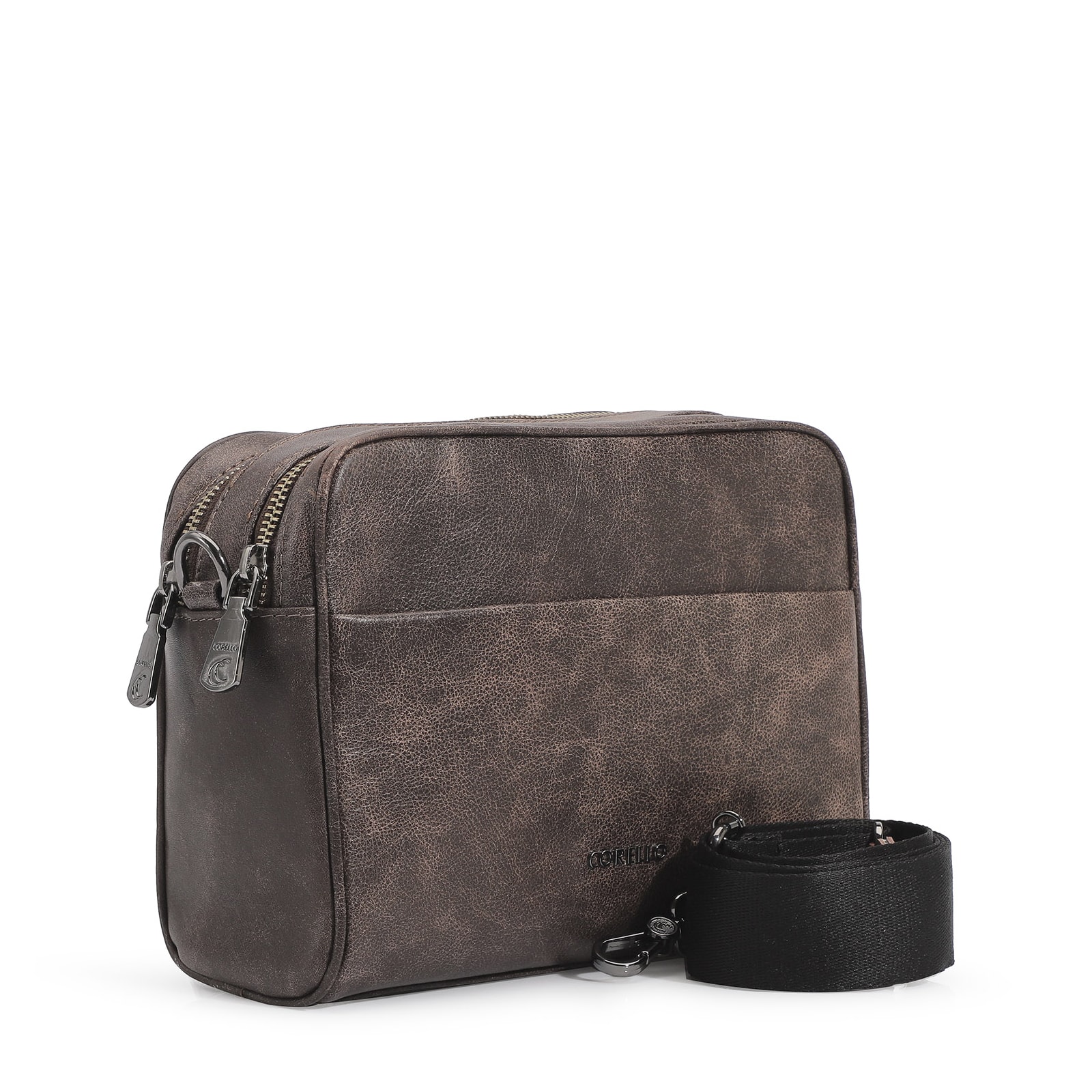 Bolsa Transversal Couro Estonado Marrom