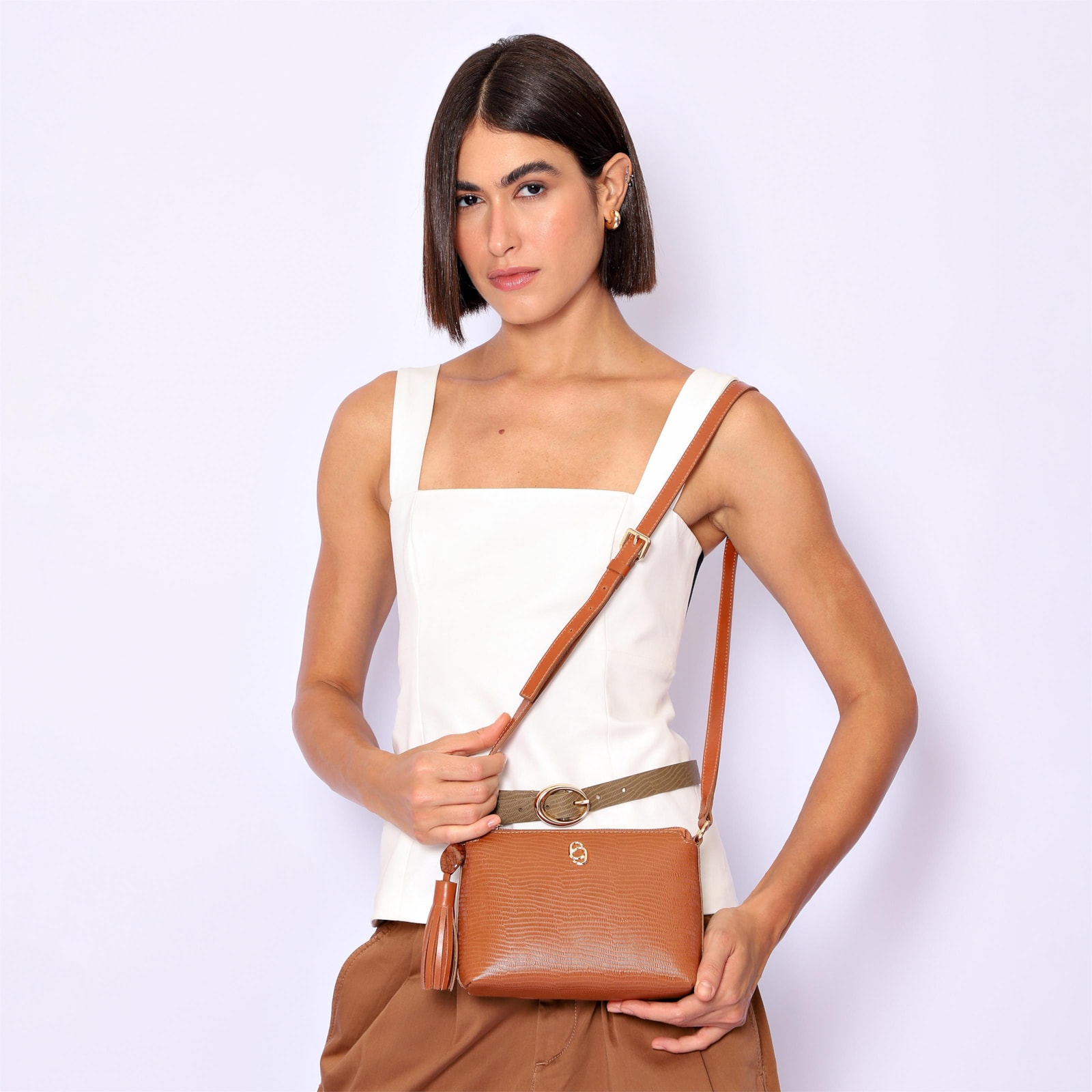 Bolsa Transversal Couro Lezard Marrom