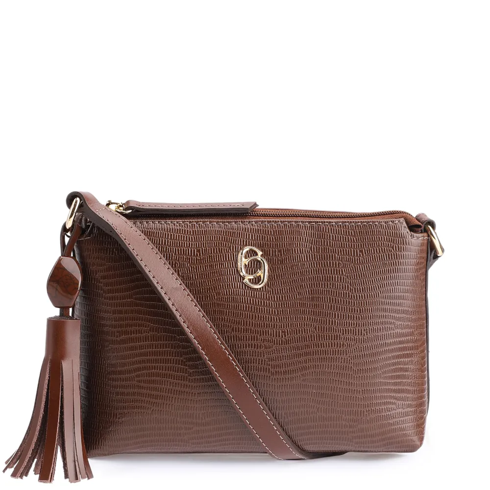 Bolsa Transversal Couro Lezard Marrom Escuro