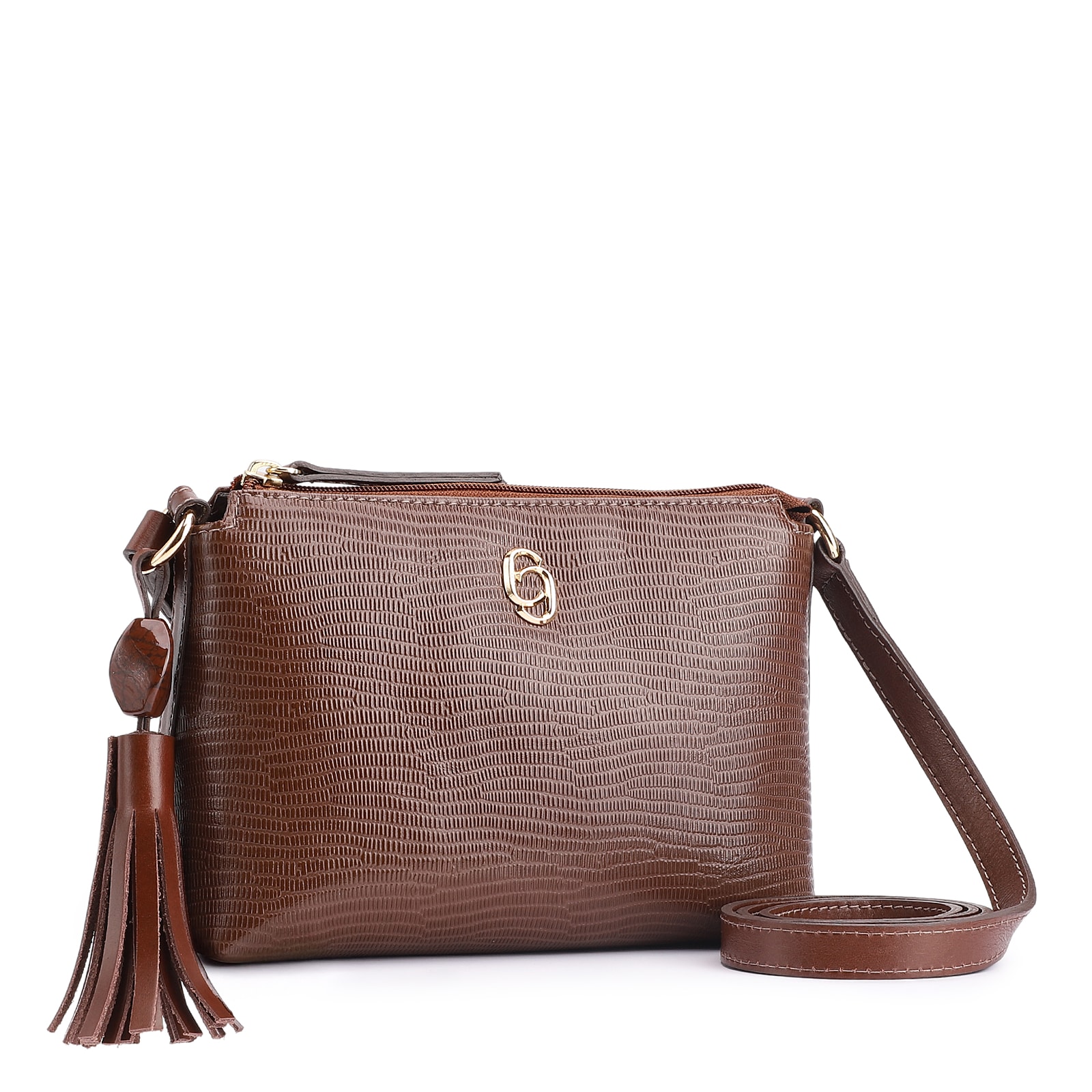 Bolsa Transversal Couro Lezard Marrom Escuro