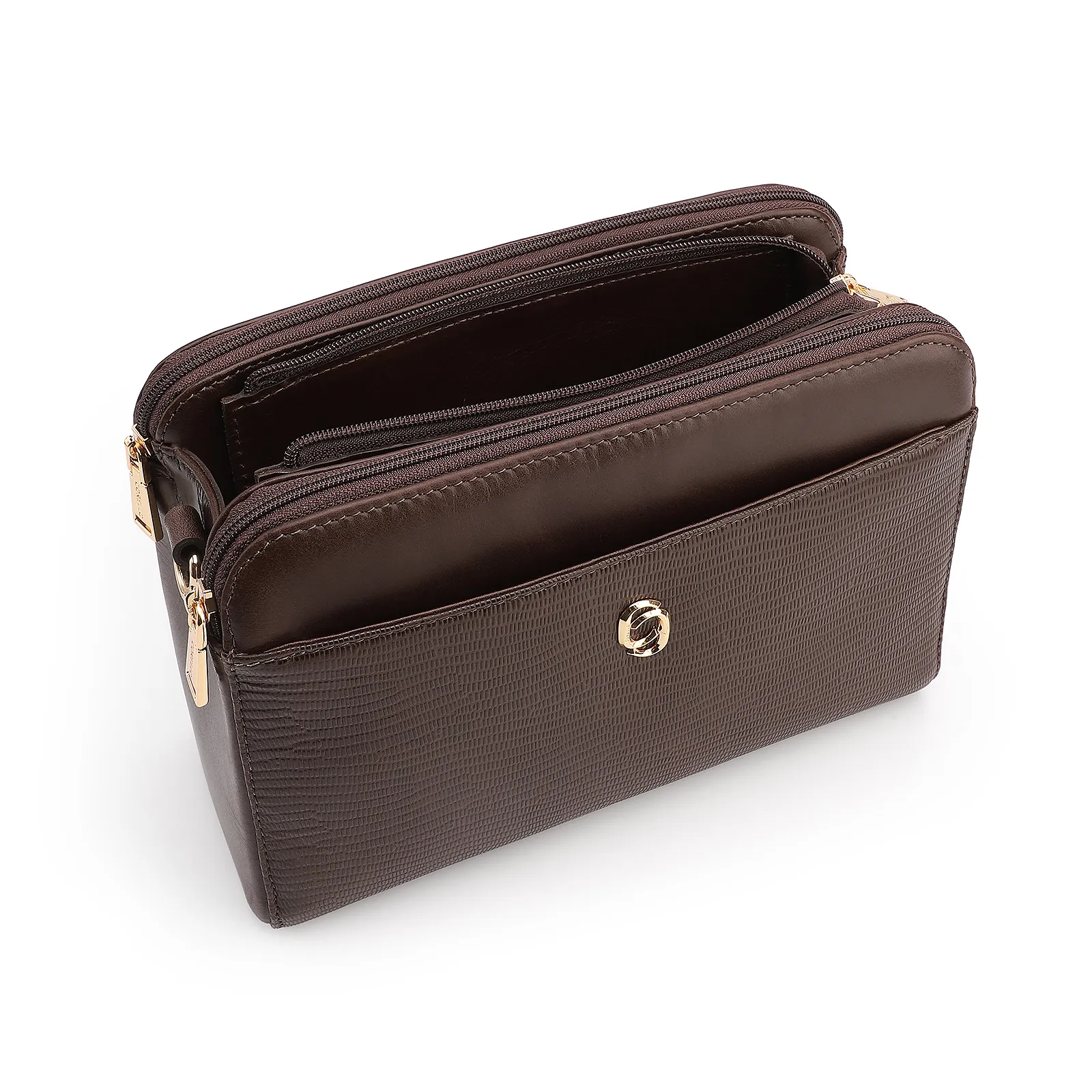  Bolsa Transversal Couro Lezard Marrom Escuro /Couro Marrom Escuro