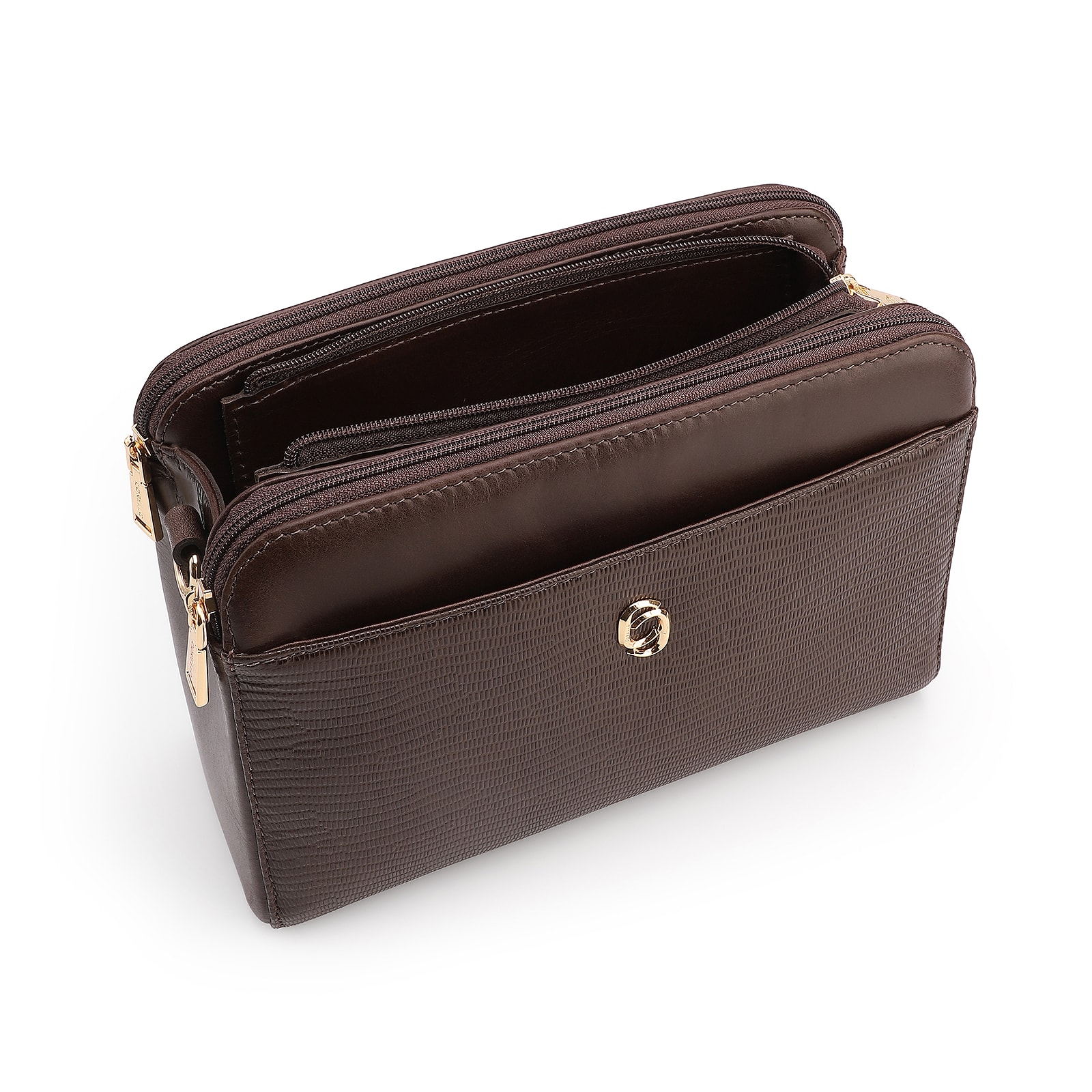 Bolsa Transversal Couro Lezard Marrom Escuro /Couro Marrom Escuro
