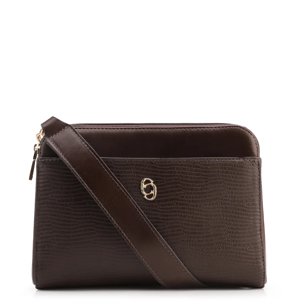  Bolsa Transversal Couro Lezard Marrom Escuro /Couro Marrom Escuro