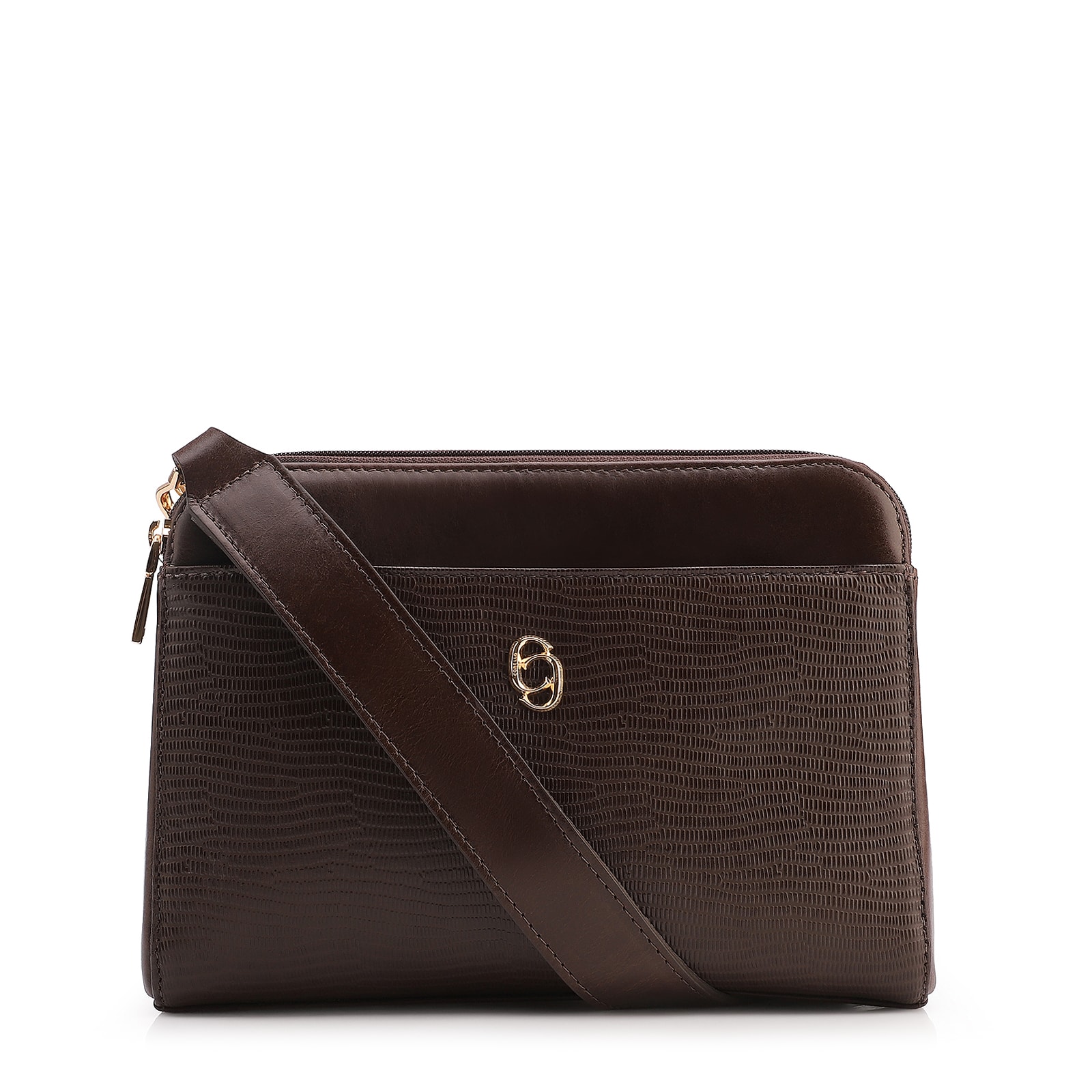 Bolsa Transversal Couro Lezard Marrom Escuro /Couro Marrom Escuro
