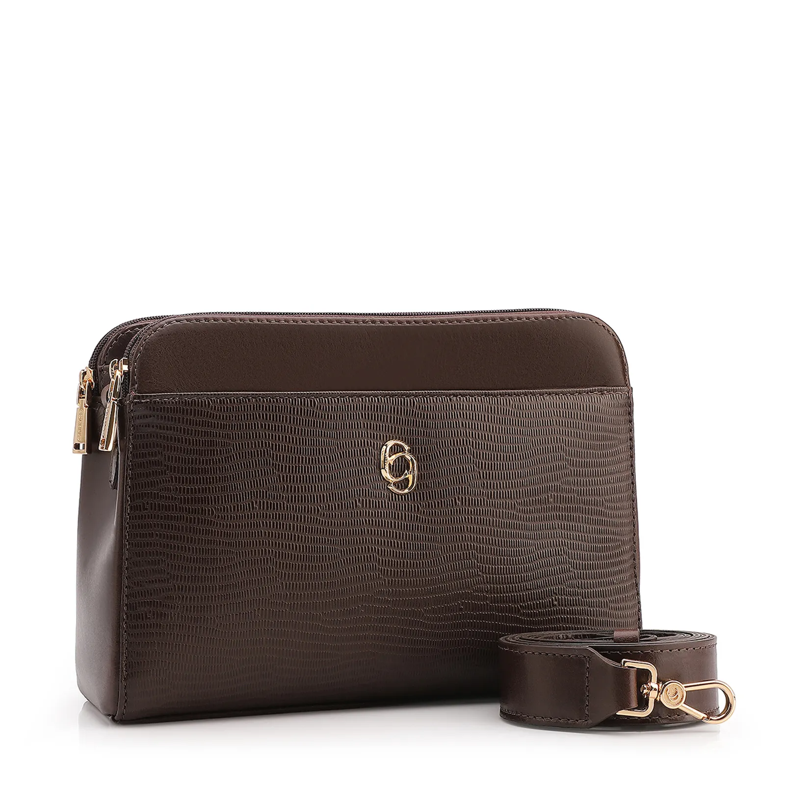  Bolsa Transversal Couro Lezard Marrom Escuro /Couro Marrom Escuro