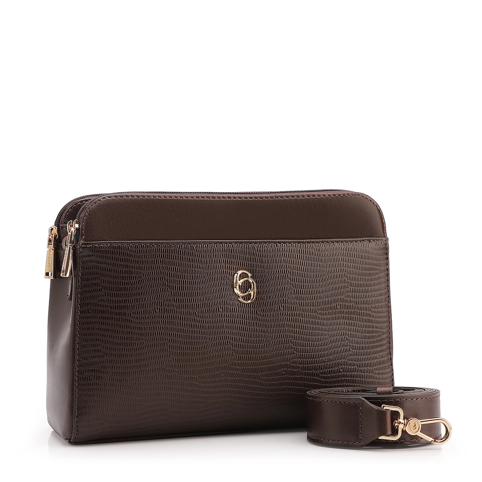 Bolsa Transversal Couro Lezard Marrom Escuro /Couro Marrom Escuro