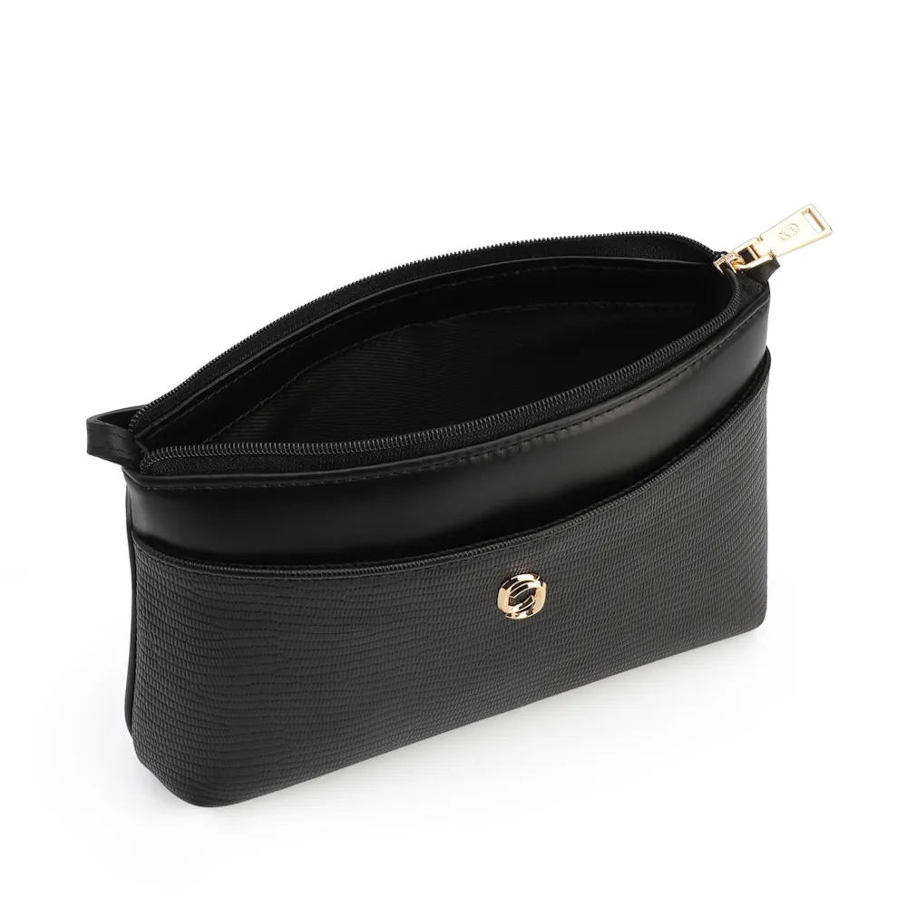 Bolsa Transversal Couro Lezard Preto/Couro Preto Tramado - imagem 4