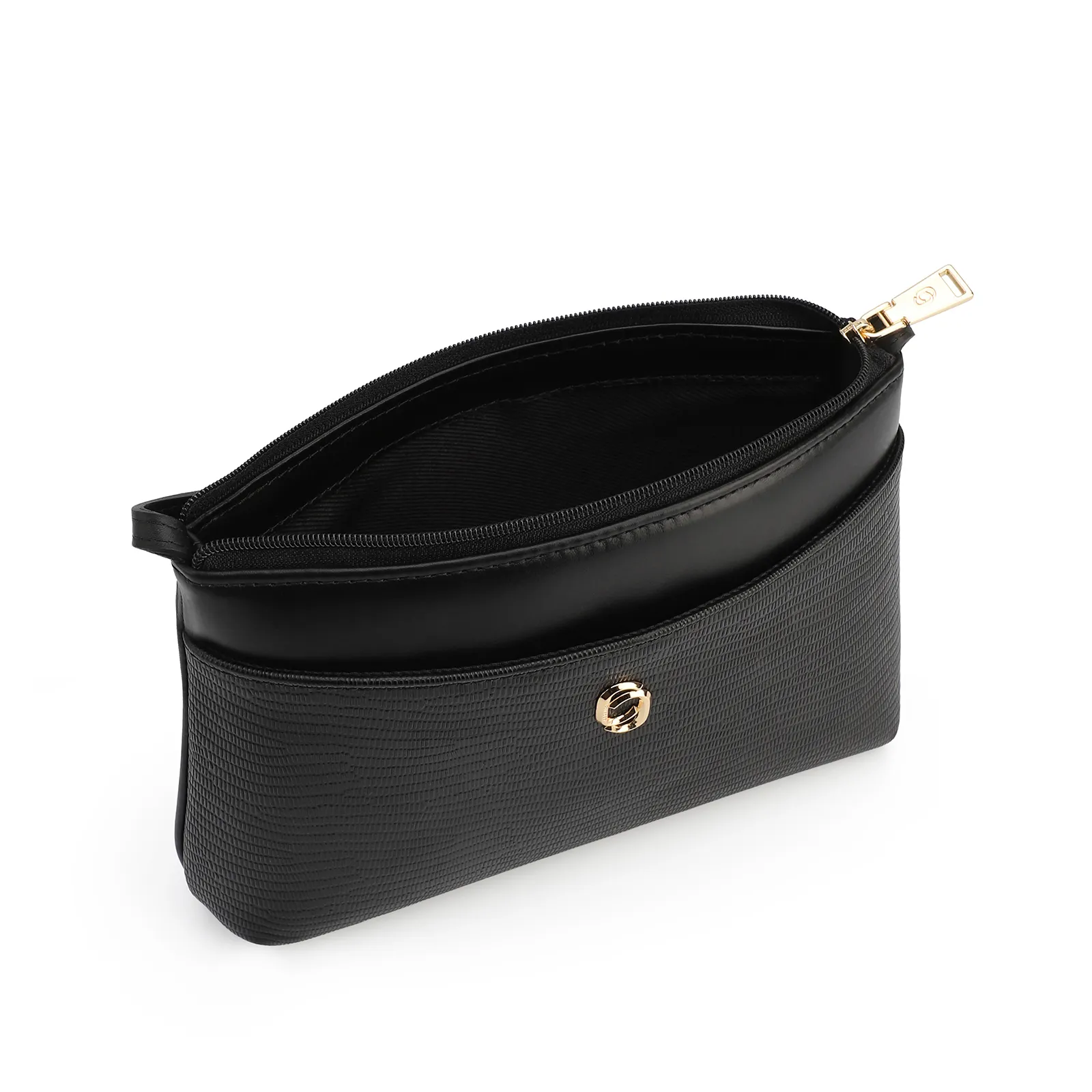 Bolsa Transversal Couro Lezard Preto/Couro Preto Tramado