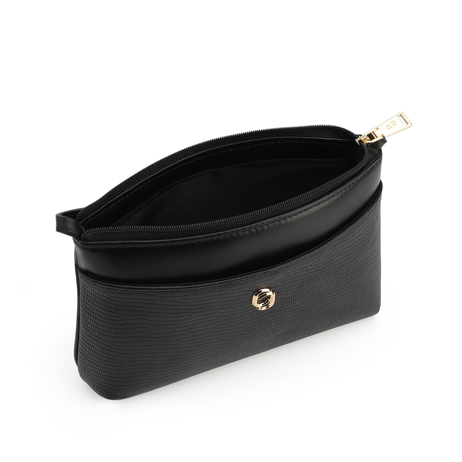 Bolsa Transversal Couro Lezard Preto/Couro Preto Tramado