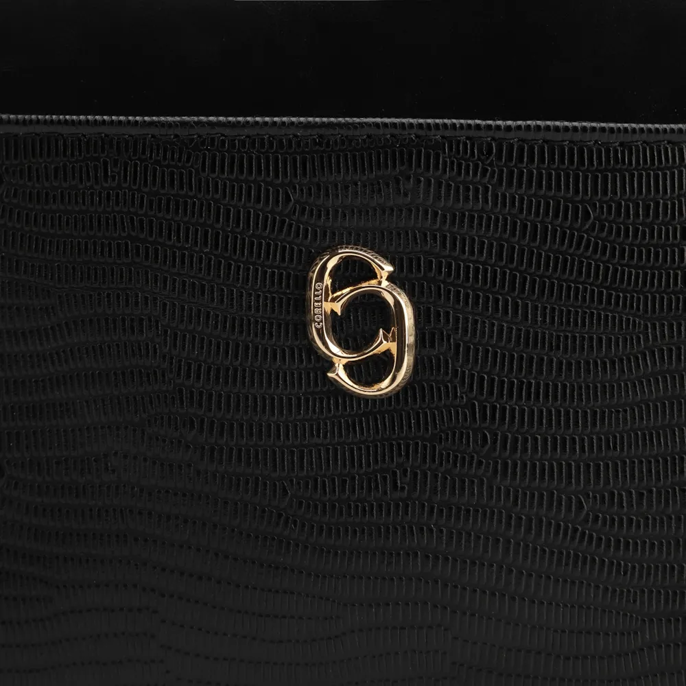 Bolsa Transversal Couro Lezard Preto/Couro Preto Tramado - imagem 6