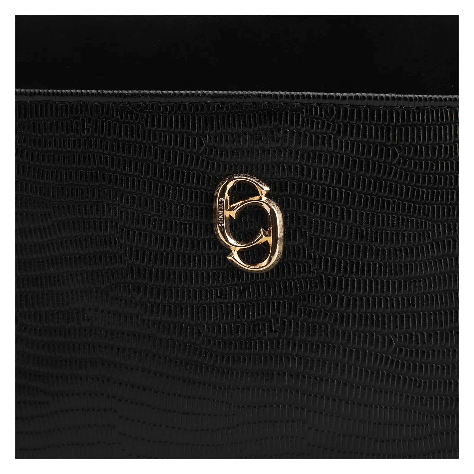 Bolsa Transversal Couro Lezard Preto/Couro Preto Tramado
