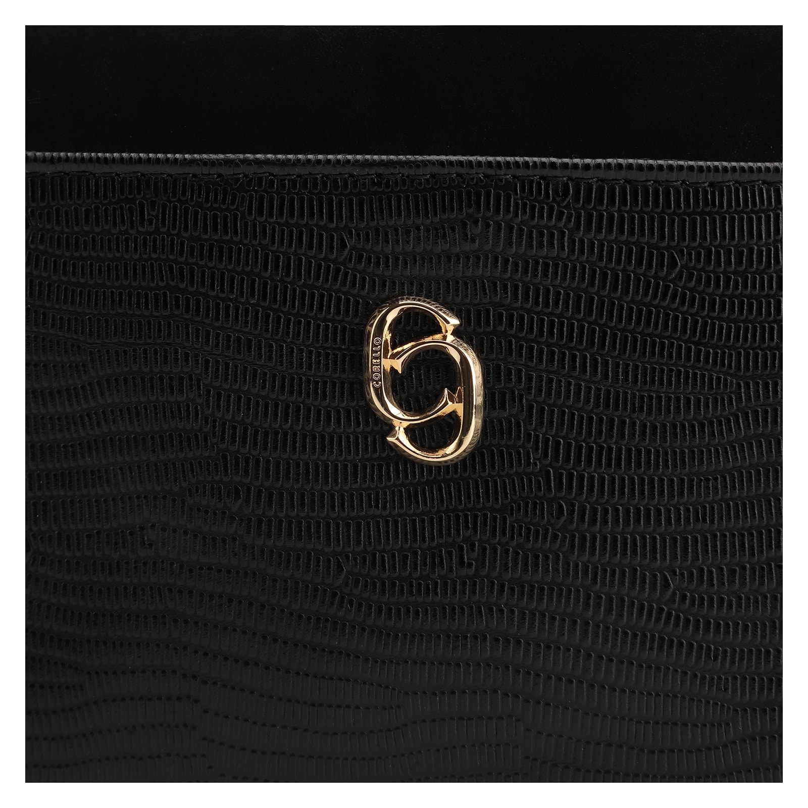Bolsa Transversal Couro Lezard Preto/Couro Preto Tramado