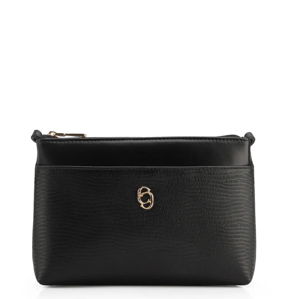 Bolsa Transversal Couro Lezard Preto/Couro Preto Tramado