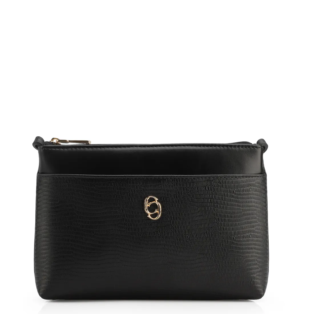 Bolsa Transversal Couro Lezard Preto/Couro Preto Tramado