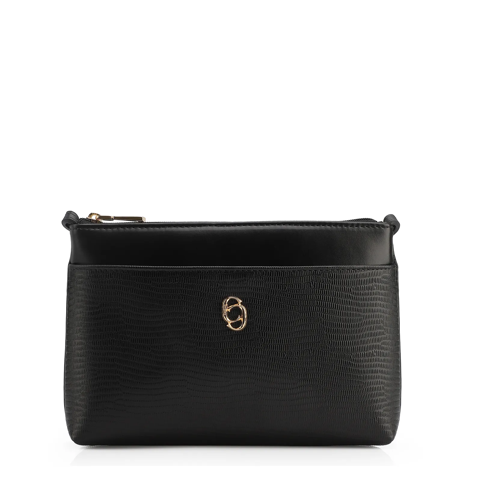 Bolsa Transversal Couro Lezard Preto/Couro Preto Tramado