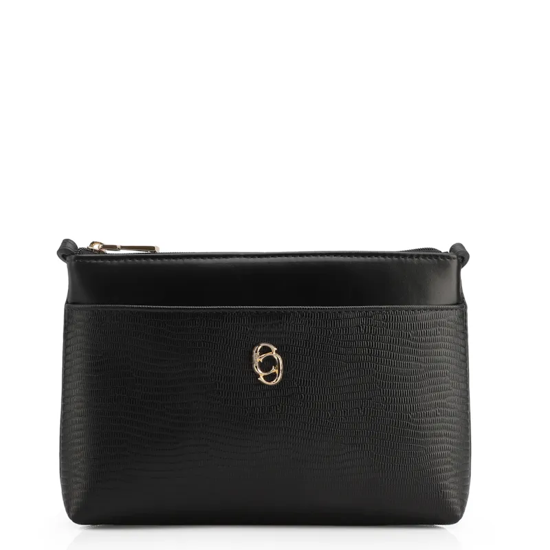 Bolsa Transversal Couro Lezard Preto/Couro Preto Tramado
