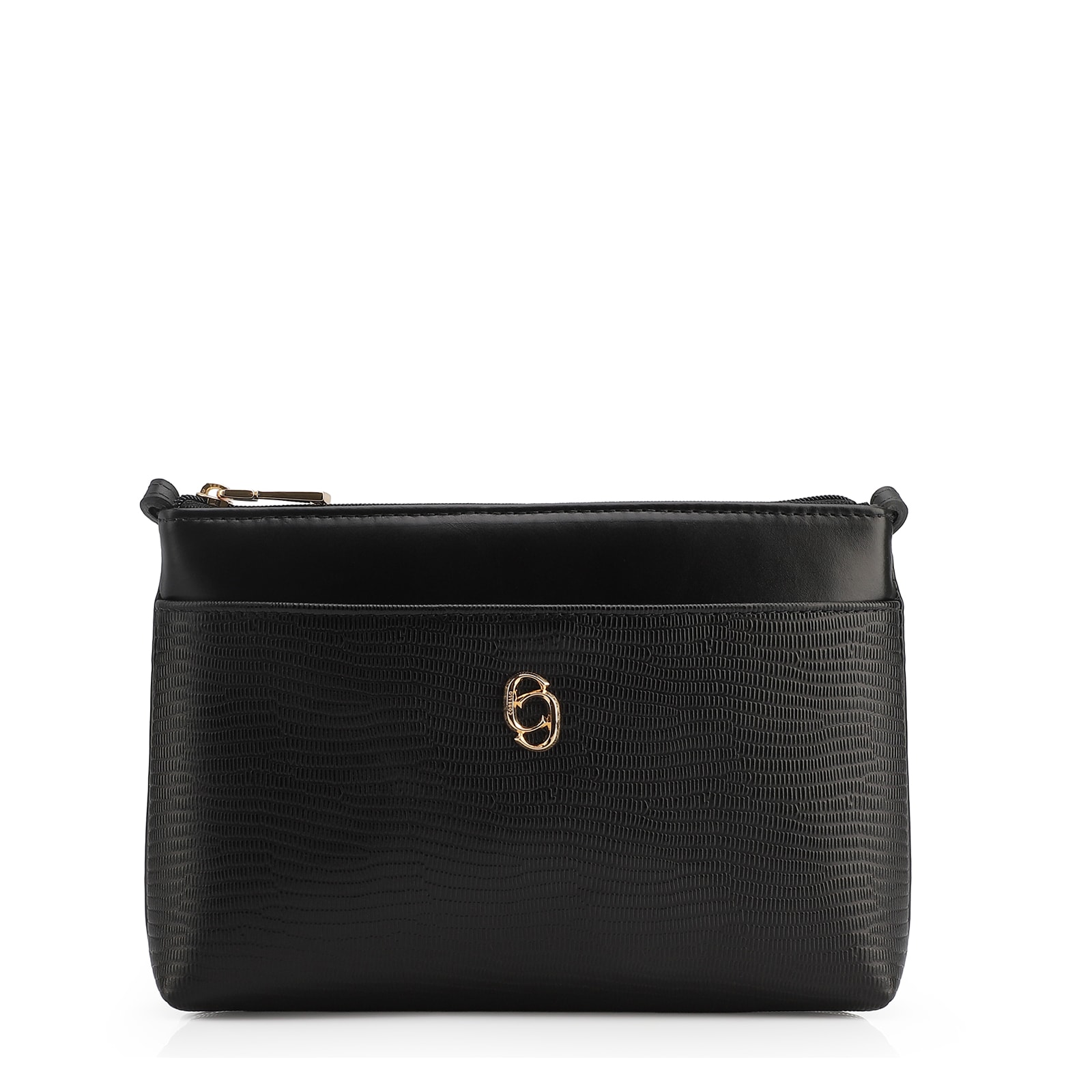 Bolsa Transversal Couro Lezard Preto/Couro Preto Tramado