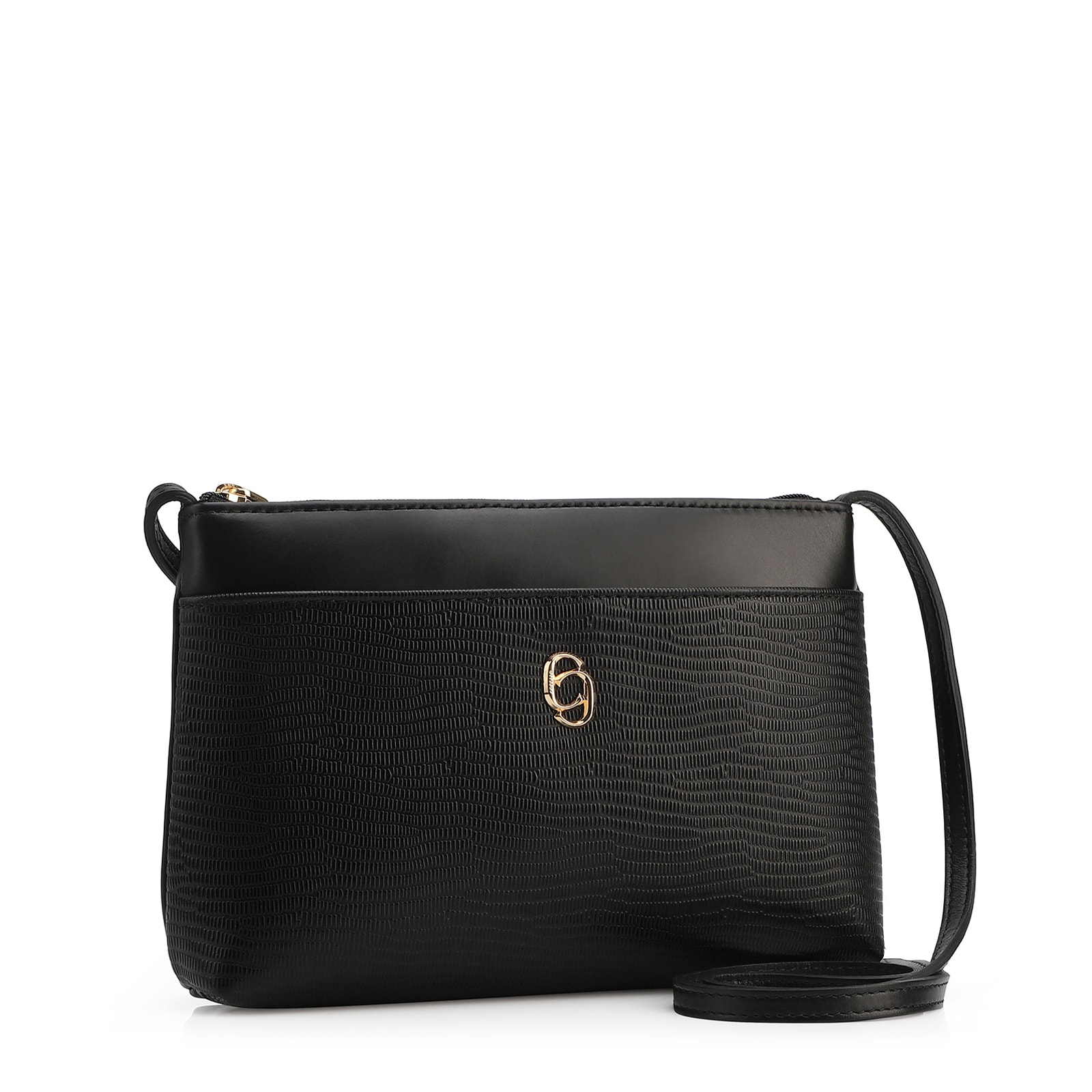 Bolsa Transversal Couro Lezard Preto/Couro Preto Tramado