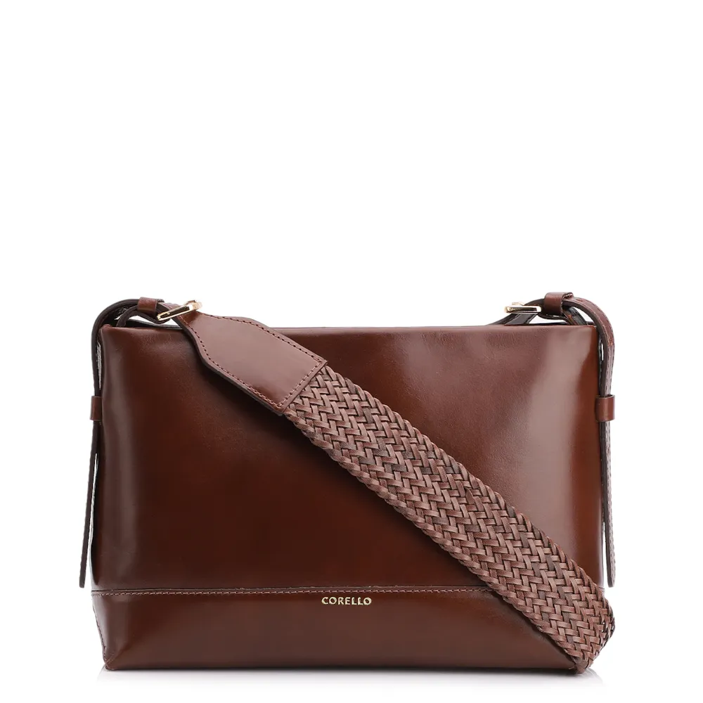 Bolsa Transversal Couro Marrom/Alça Alt Tramado Marrom