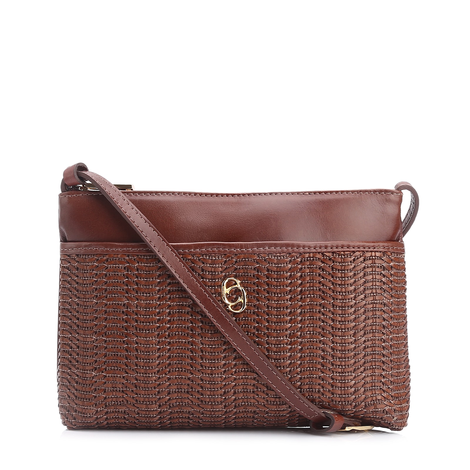 Bolsa Transversal Couro Marrom/Alt Tramado Marrom