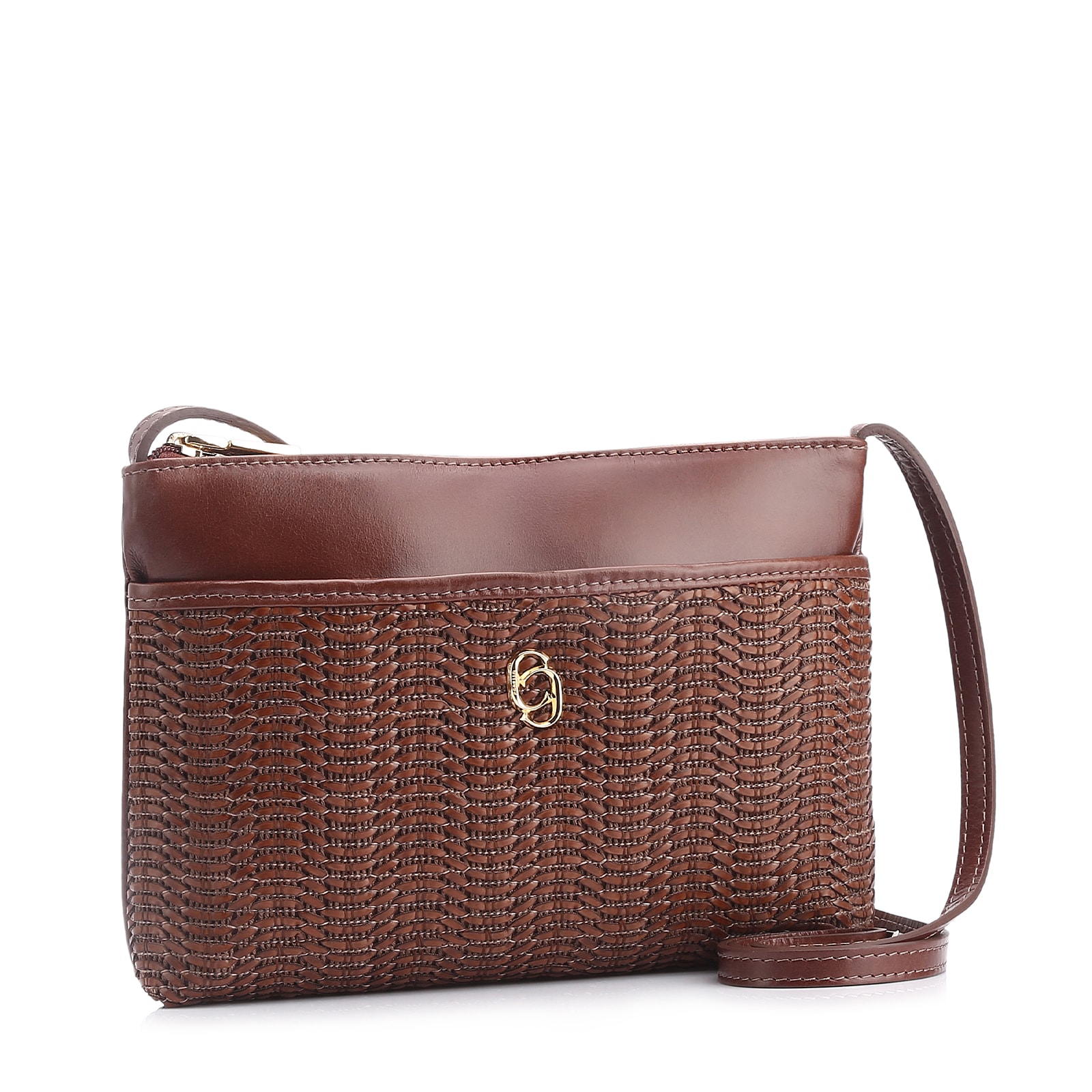 Bolsa Transversal Couro Marrom/Alt Tramado Marrom