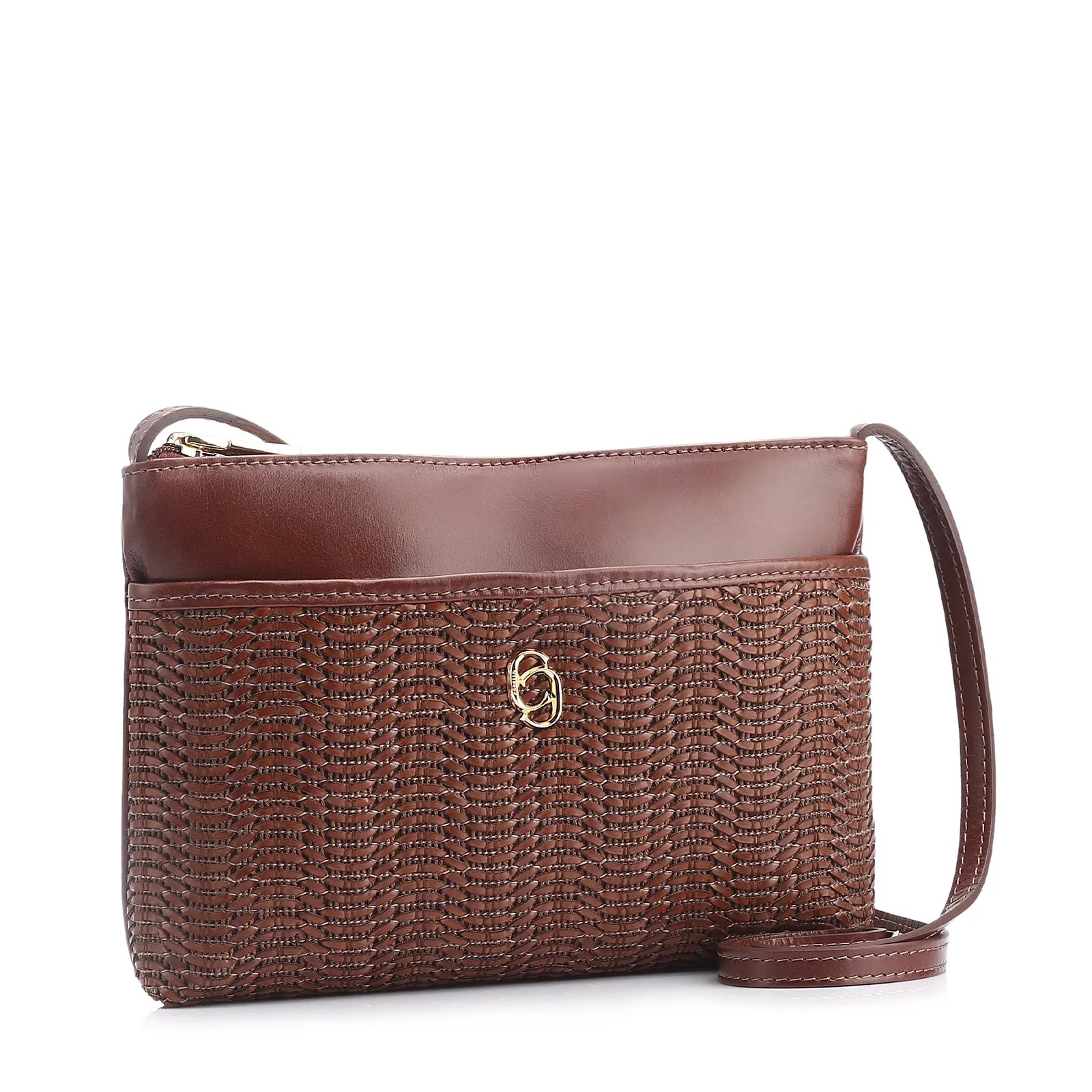 Bolsa Transversal Couro Marrom/Alt Tramado Marrom