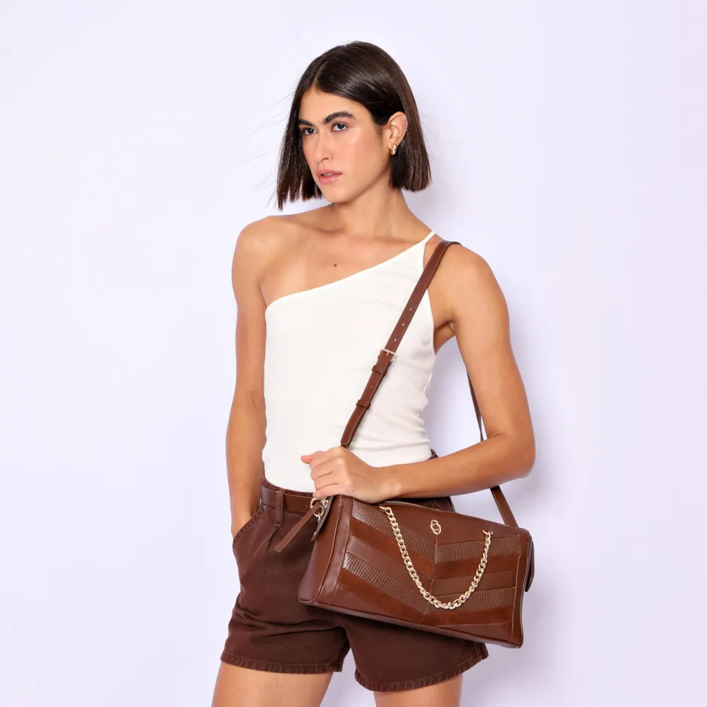 Bolsa Transversal Couro Marrom/Couro Nobuck Marrom/Lezard Marrom - imagem 2