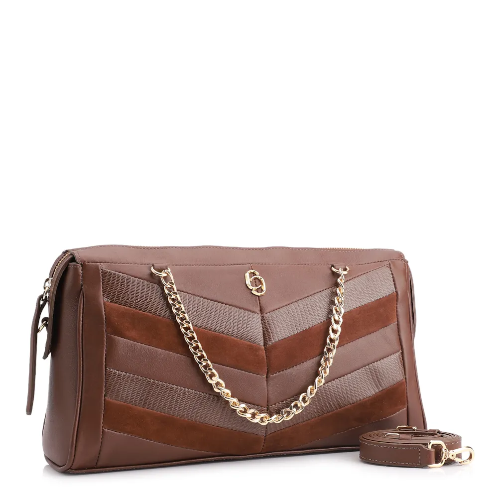 Bolsa Transversal Couro Marrom/Couro Nobuck Marrom/Lezard Marrom - imagem 3