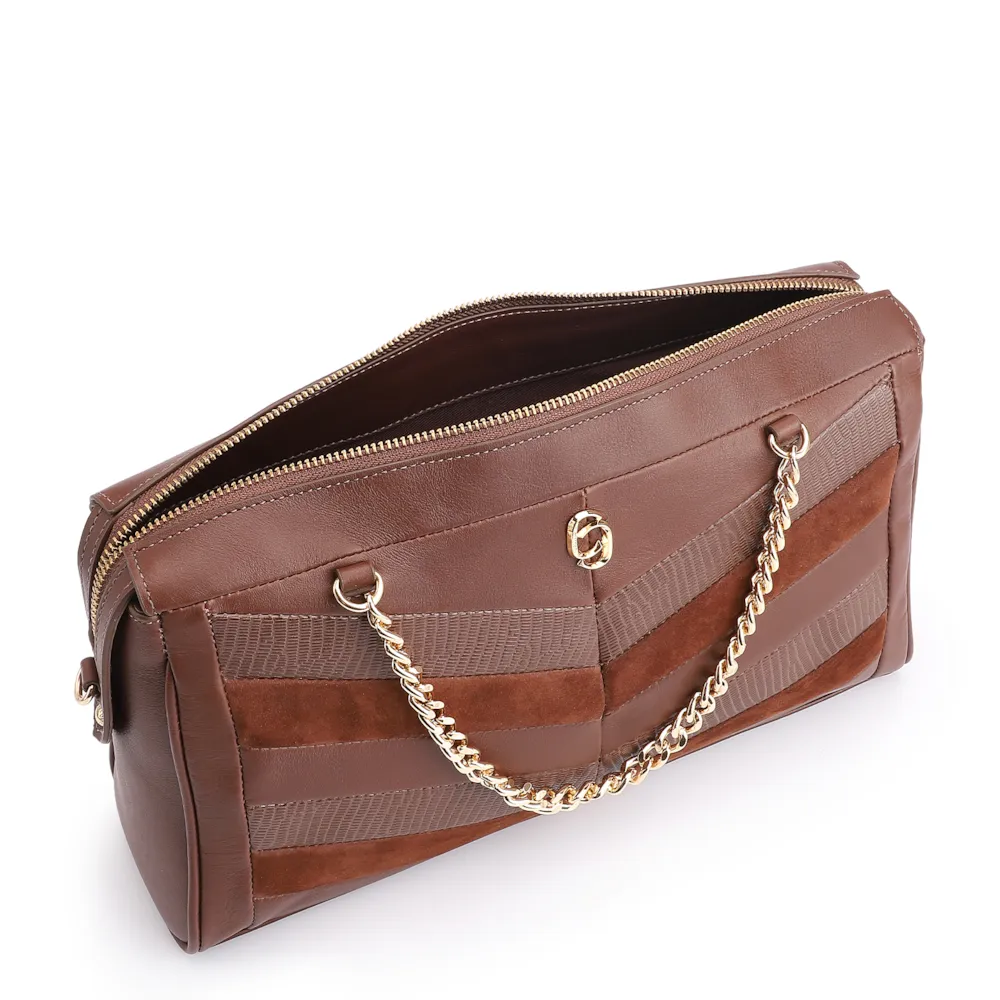 Bolsa Transversal Couro Marrom/Couro Nobuck Marrom/Lezard Marrom - imagem 5