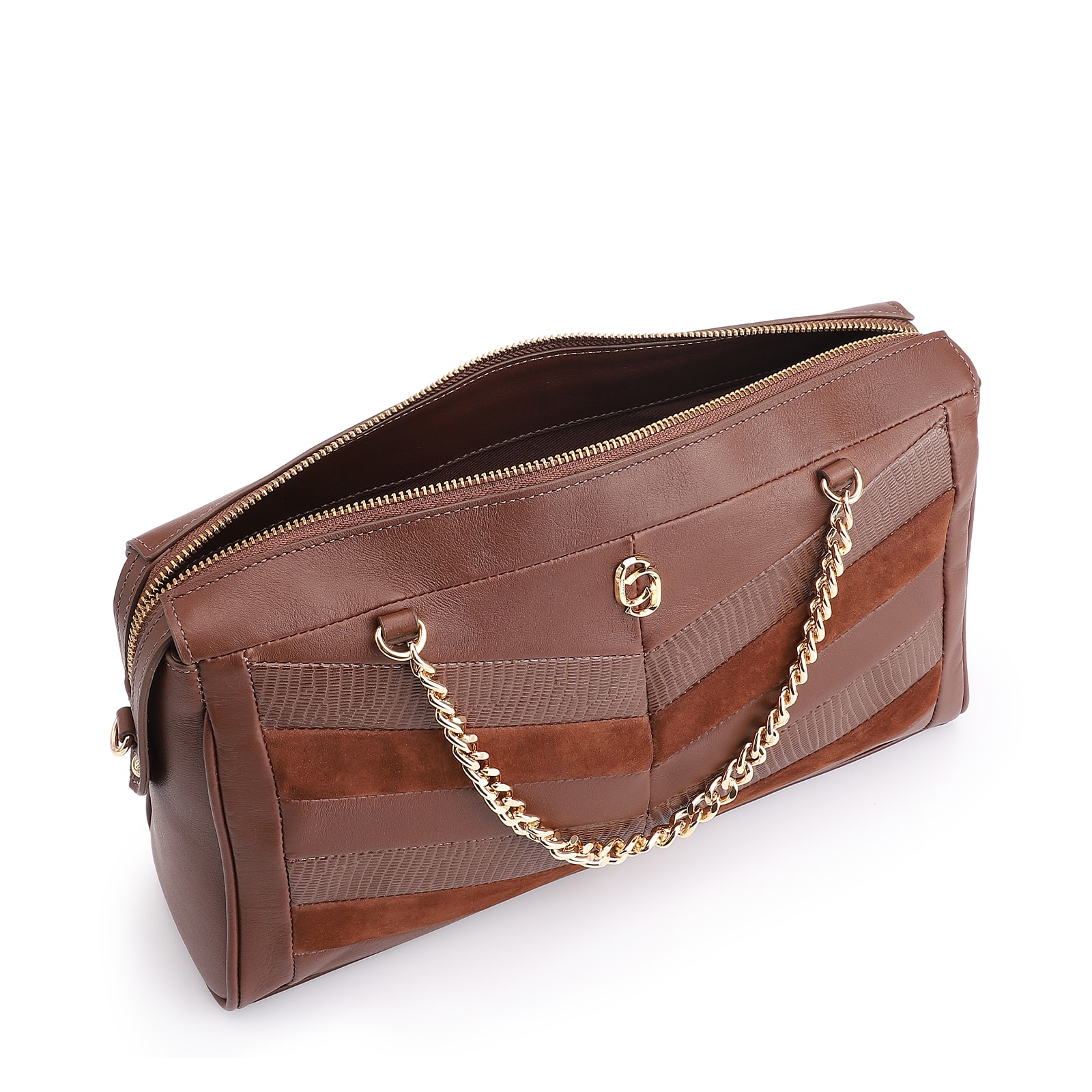 Bolsa Transversal Couro Marrom/Couro Nobuck Marrom/Lezard Marrom