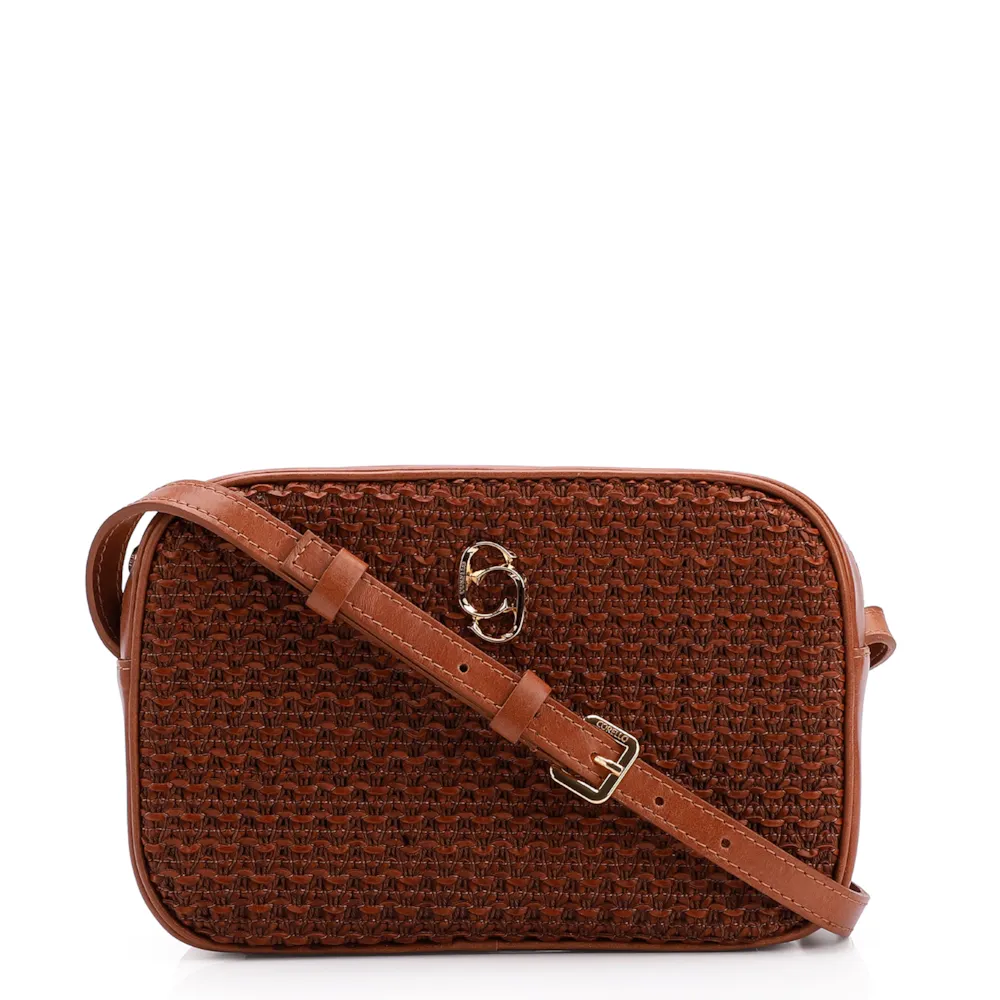 Bolsa Transversal Couro Marrom/Crochet Marrom