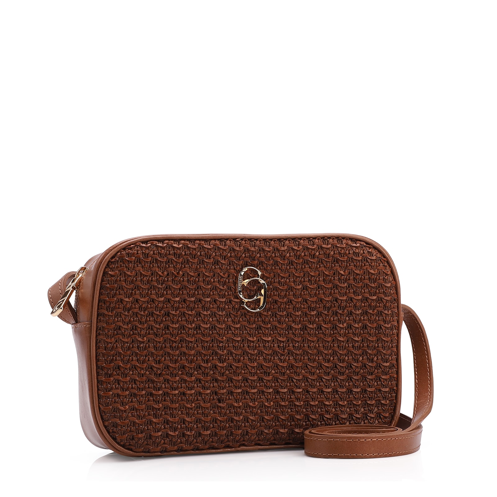 Bolsa Transversal Couro Marrom/Crochet Marrom