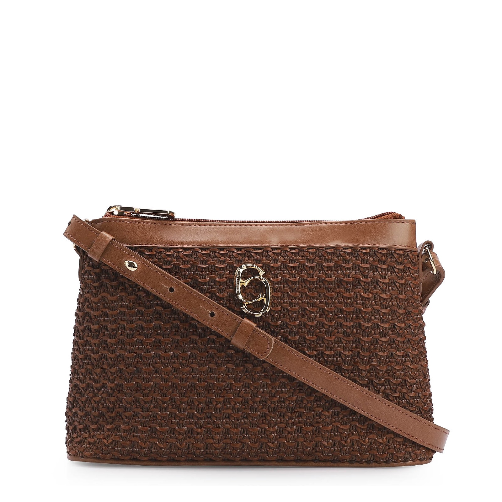Bolsa Transversal Couro Marrom/Crochet Marrom