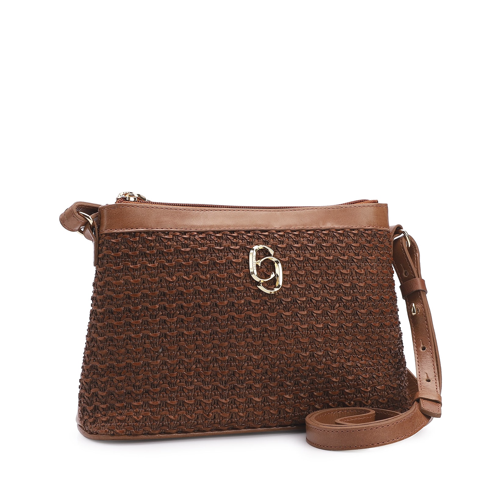 Bolsa Transversal Couro Marrom/Crochet Marrom