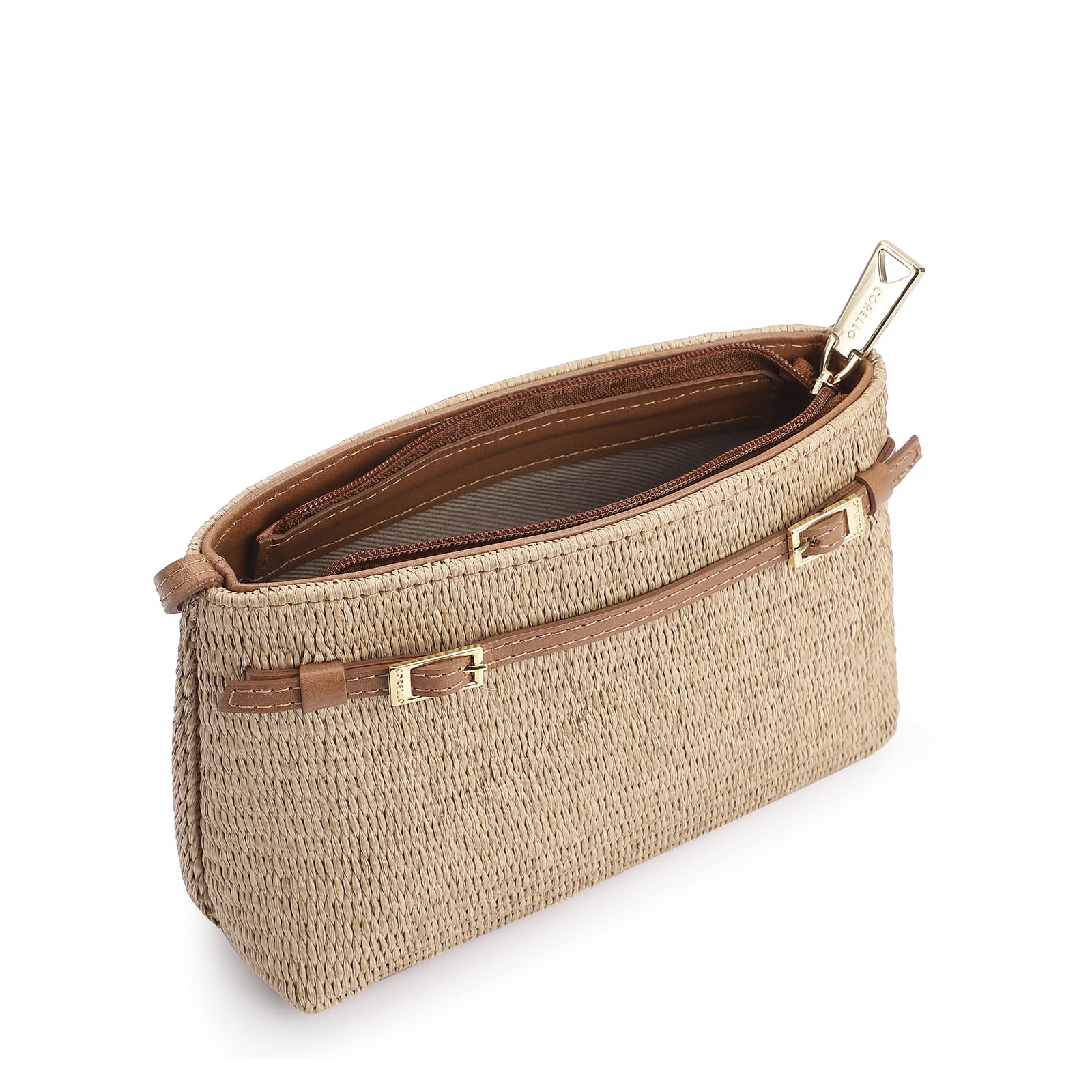 Bolsa Transversal Couro Marrom/Ráfia