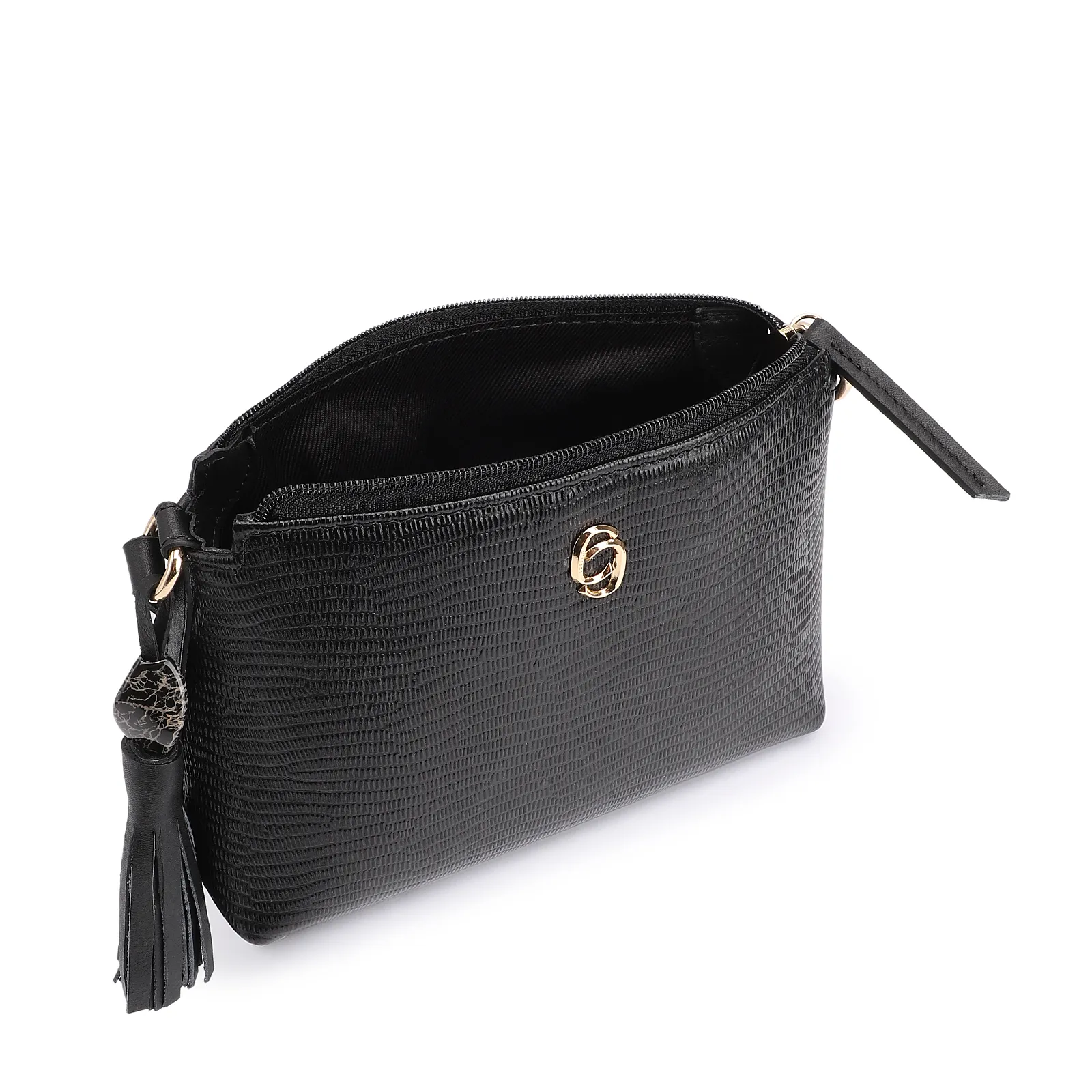 Bolsa Transversal Couro New Lezard Preto/Couro Preto