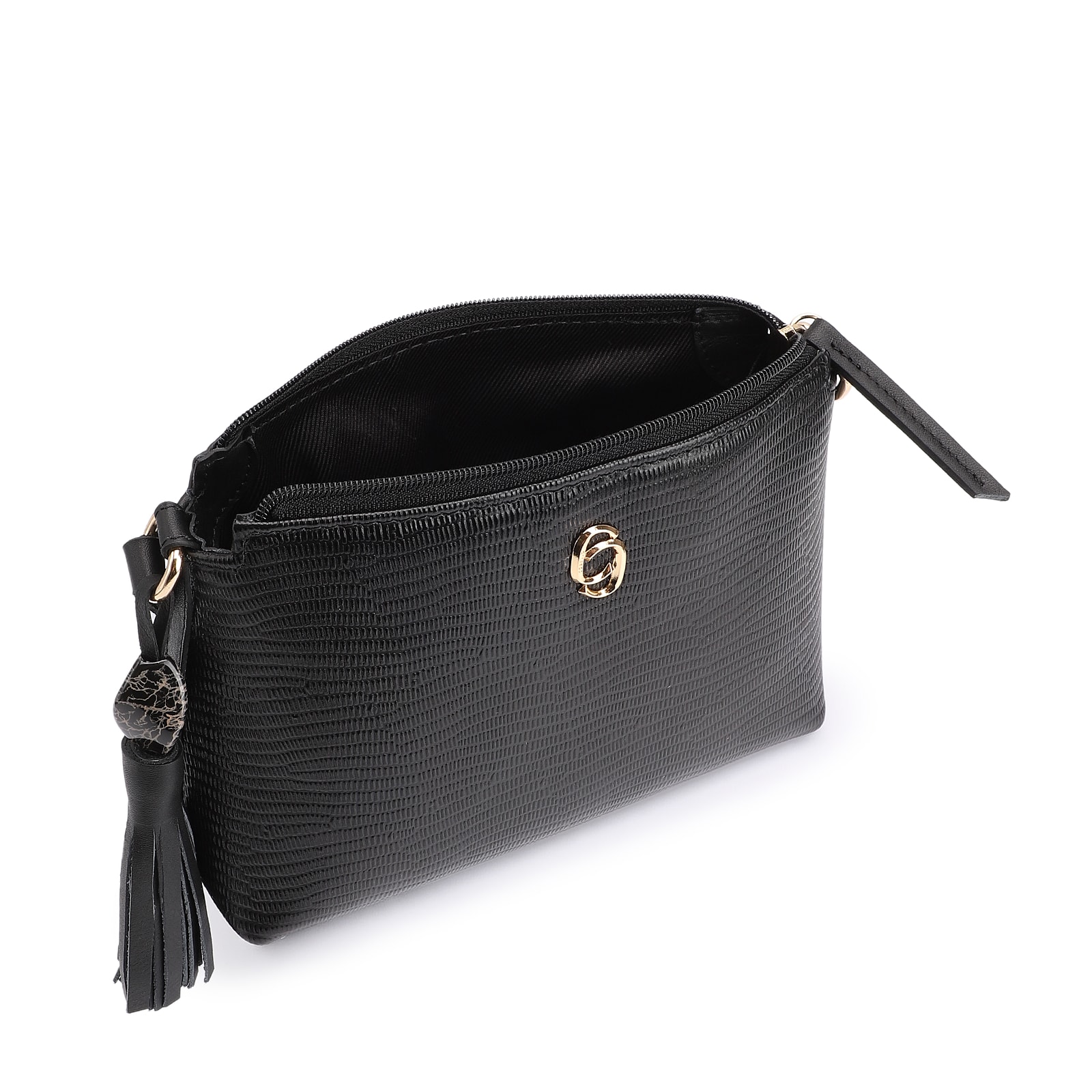 Bolsa Transversal Couro New Lezard Preto/Couro Preto
