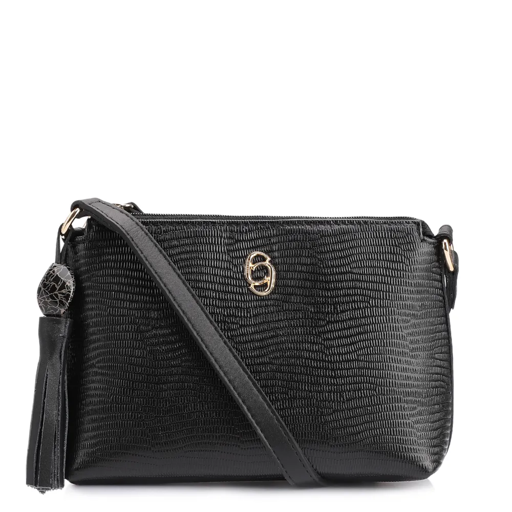 Bolsa Transversal Couro New Lezard Preto/Couro Preto