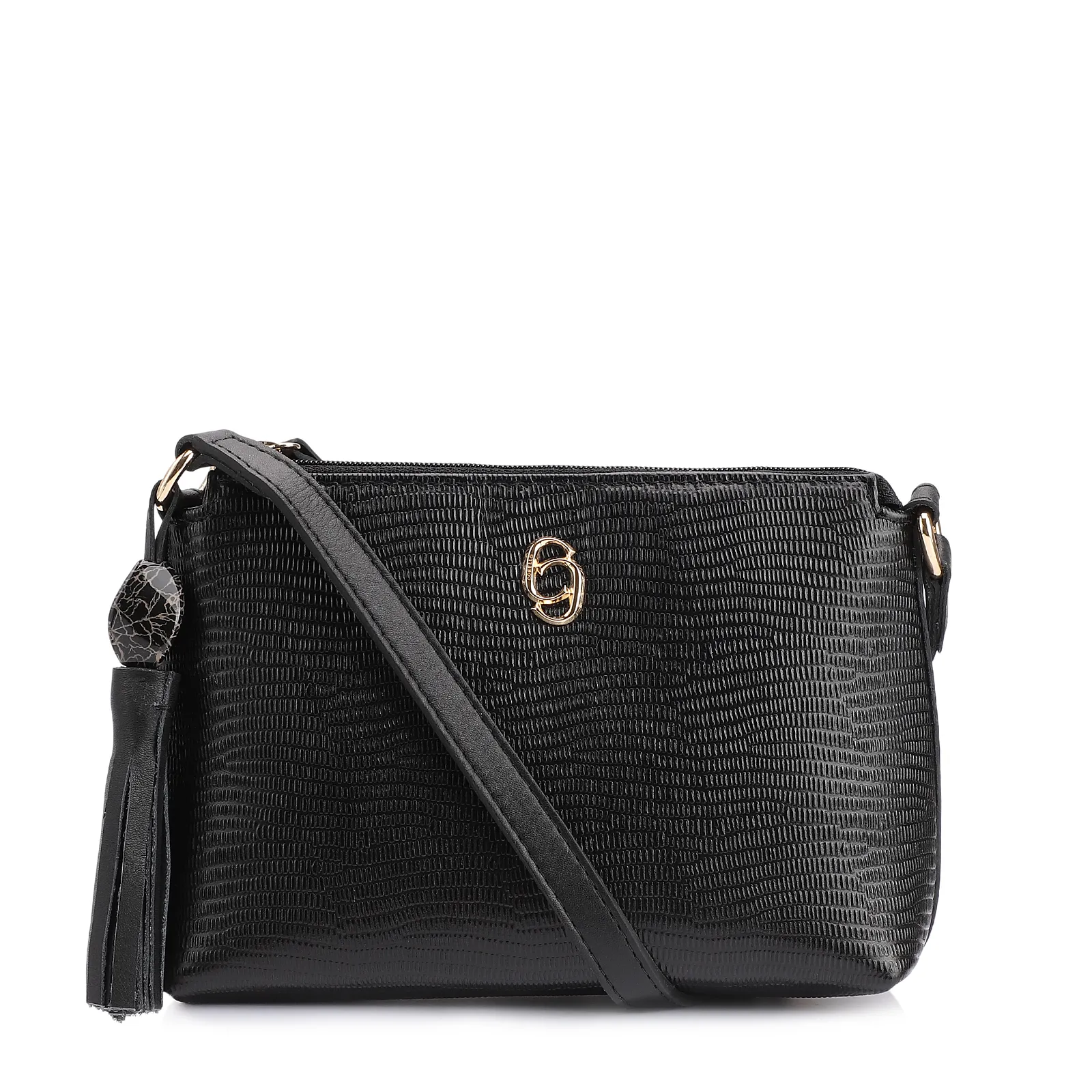 Bolsa Transversal Couro New Lezard Preto/Couro Preto