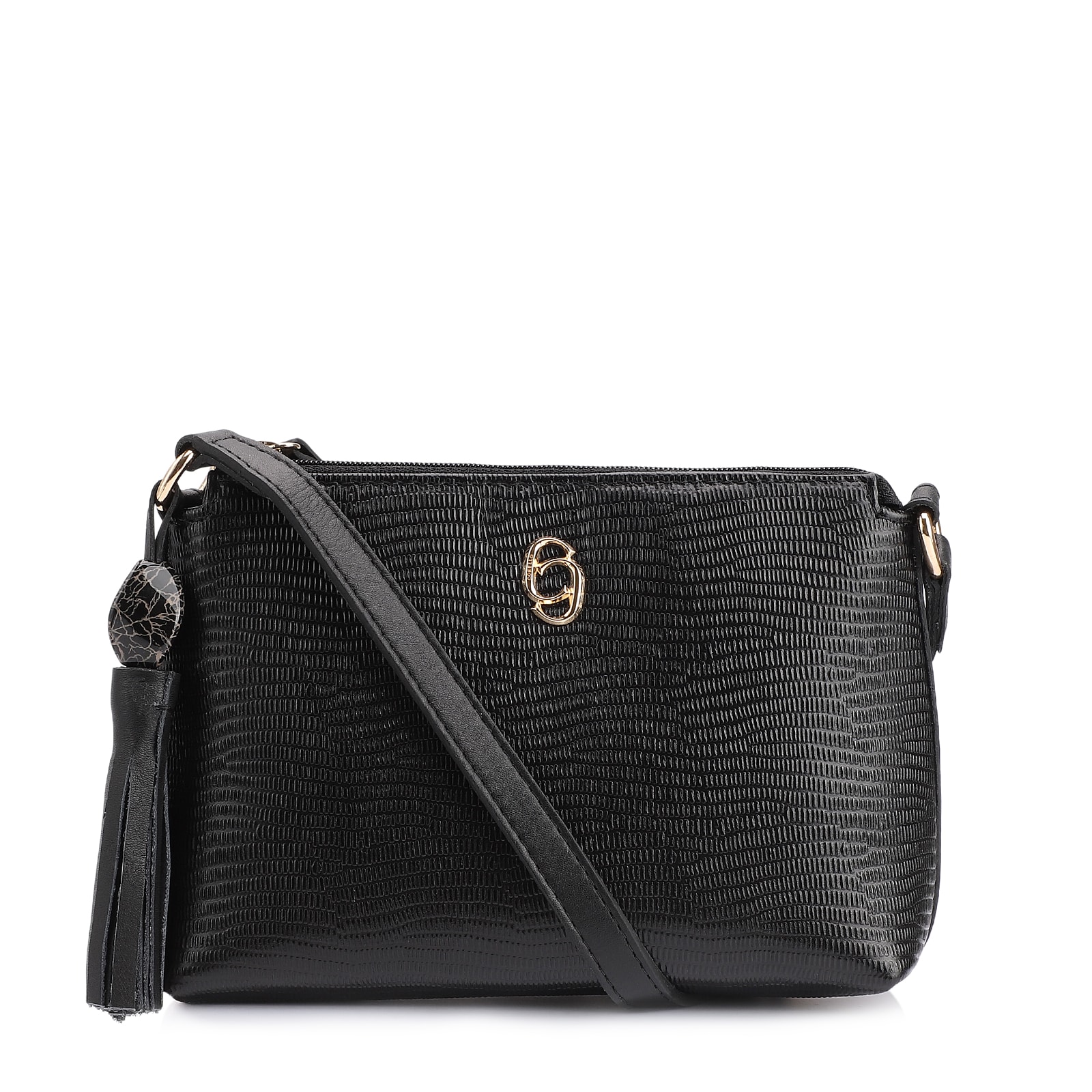 Bolsa Transversal Couro New Lezard Preto/Couro Preto