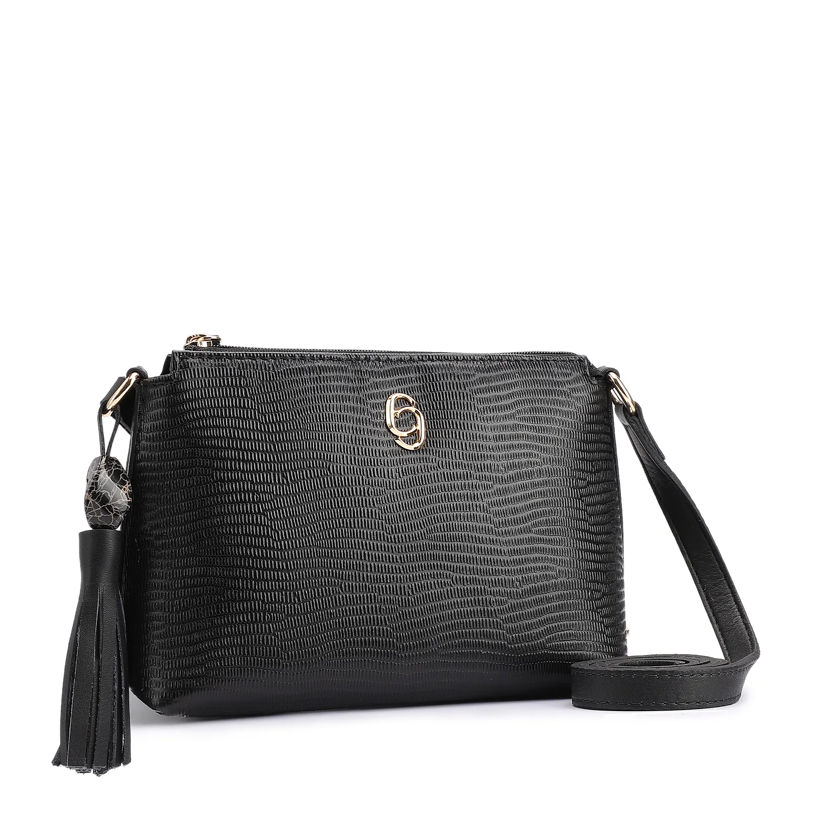 Bolsa Transversal Couro New Lezard Preto/Couro Preto