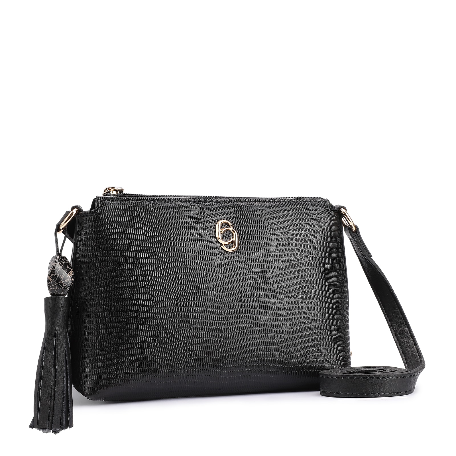 Bolsa Transversal Couro New Lezard Preto/Couro Preto