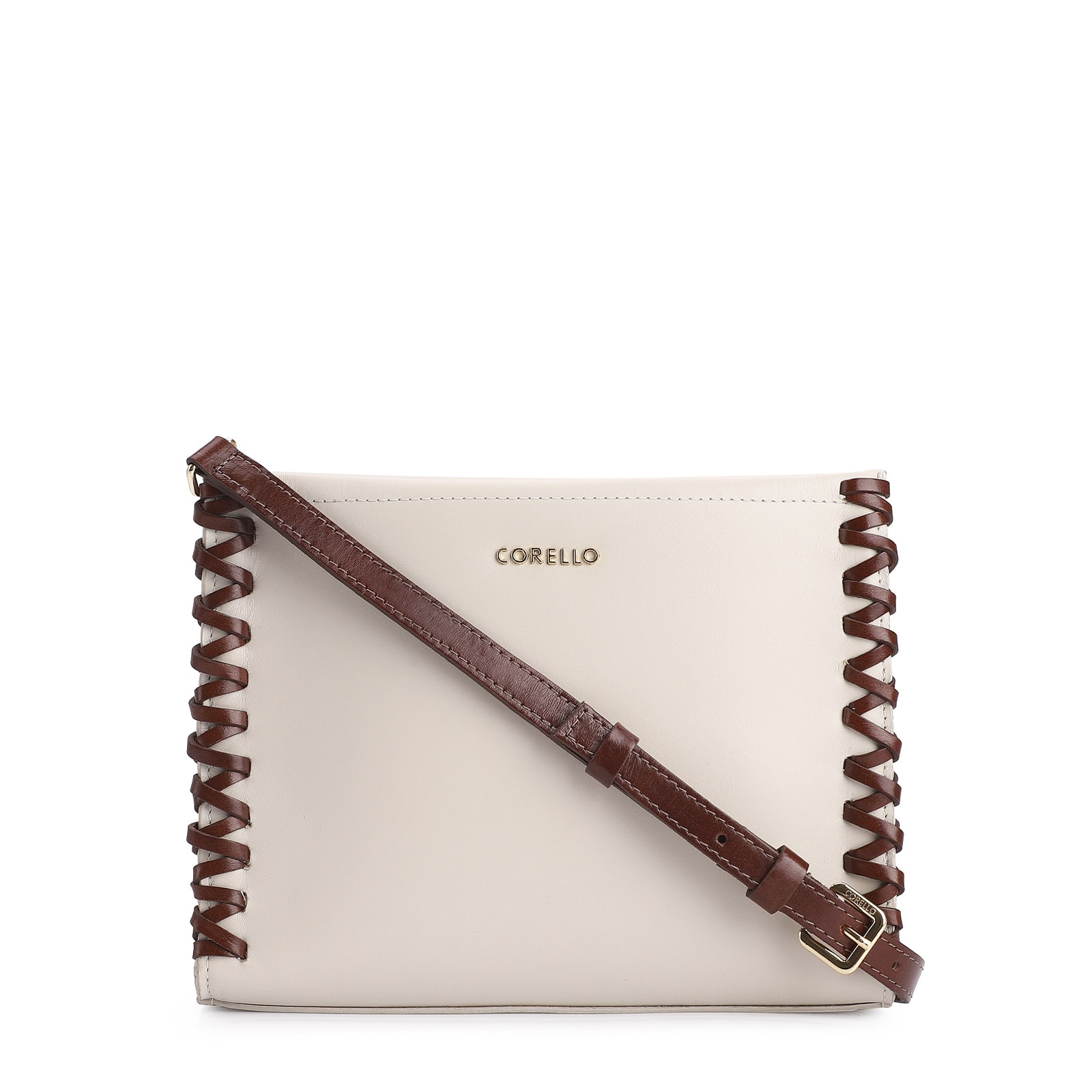 Bolsa Transversal Couro Off White/Marrom