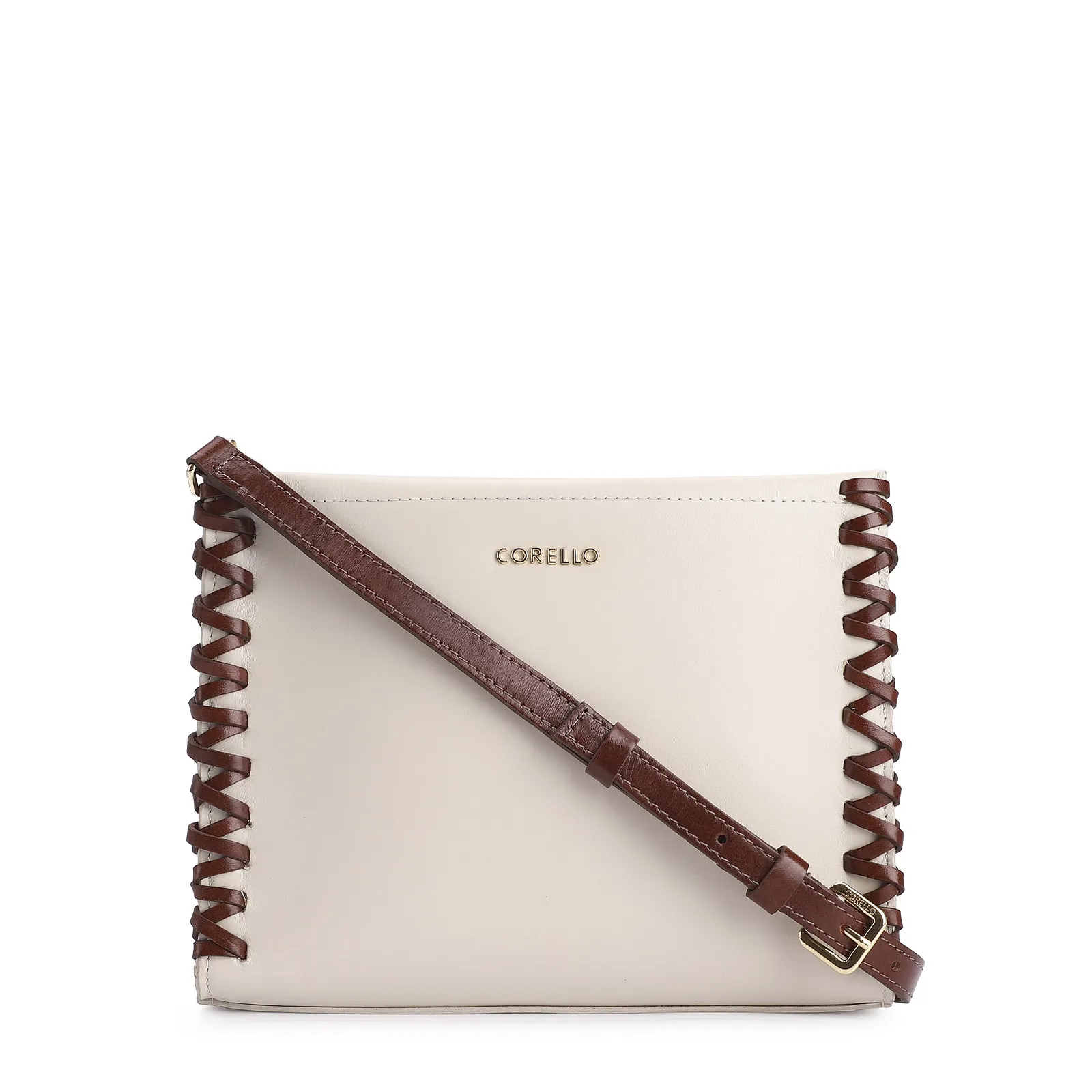 Bolsa Transversal Couro Off White/Marrom