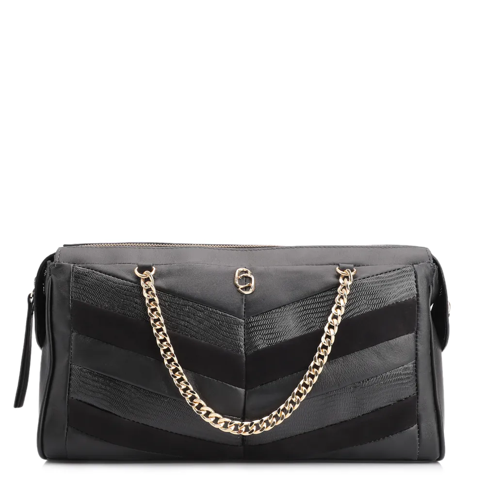 Bolsa Transversal Couro Preto/Couro Nobuck Preto/Lezard Preto