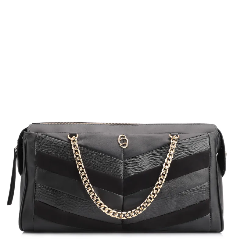 Bolsa Transversal Couro Preto/Couro Nobuck Preto/Lezard Preto